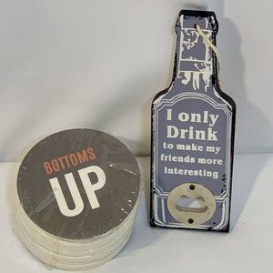 Bottoms Up w/ Interesting Friends Bar Buddies Coasters and Bottle Opener Bundle